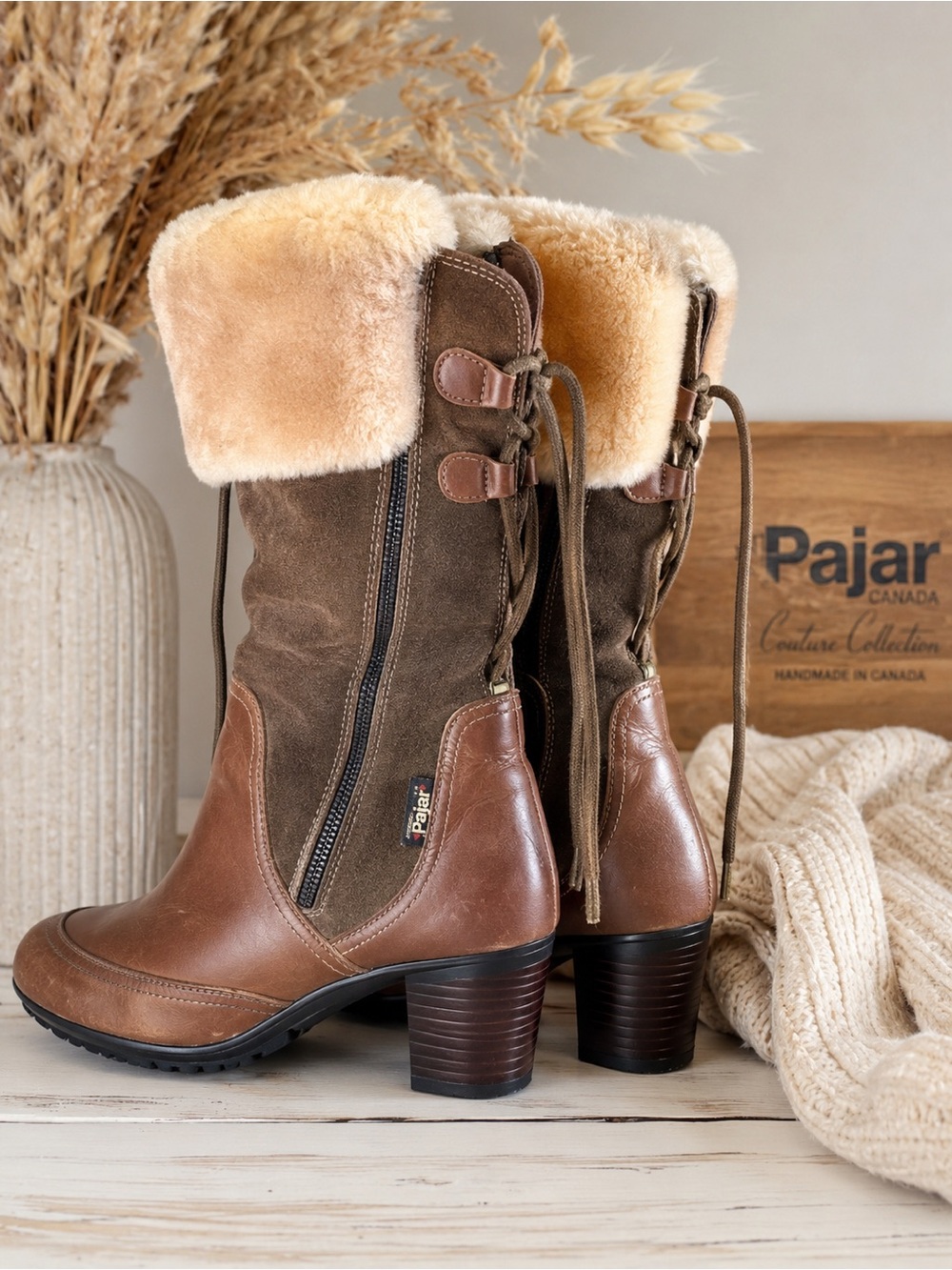Pajar Canada Couture Brown Leather Suede Shearling Boots – Size 9.5